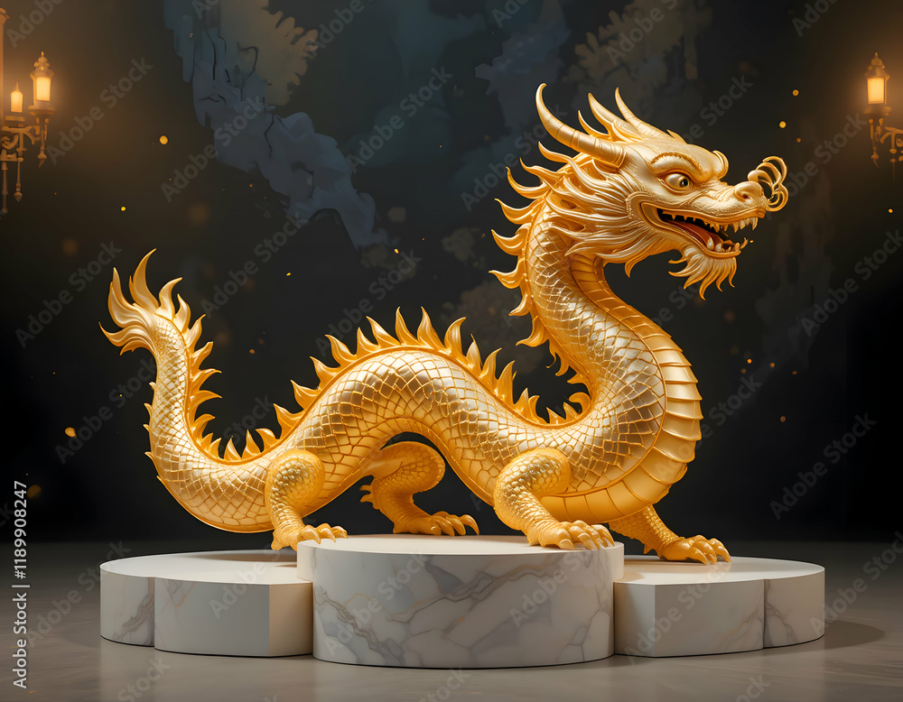 Obraz premium Majestic Golden Dragon Sculpture on Marble Pedestal