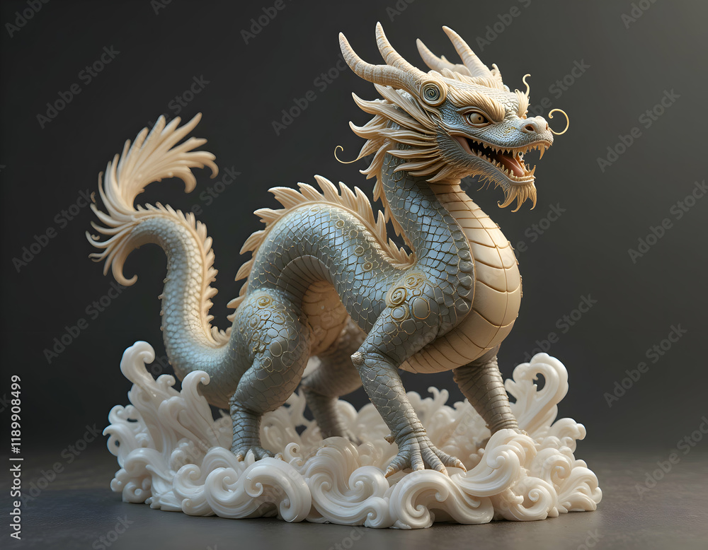 Fototapeta premium Majestic Chinese Dragon Sculpture: A 3D Rendered Masterpiece