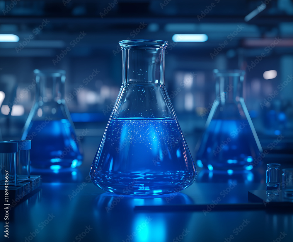 glass beakers filled with blue liquid, set against the backdrop of an advanced laboratory setting. glass beakers filled with blue liquid, set against the backdrop of an advanced laboratory setting.