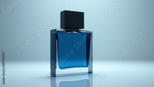 steel blue perfume for men in a transparent luxury bottle, designed with sharp, modern lines and a matte finish
