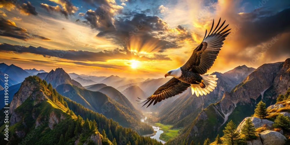 Obraz premium Majestic Bald Eagle Aerial Photography: Soaring Over Mountain Peaks