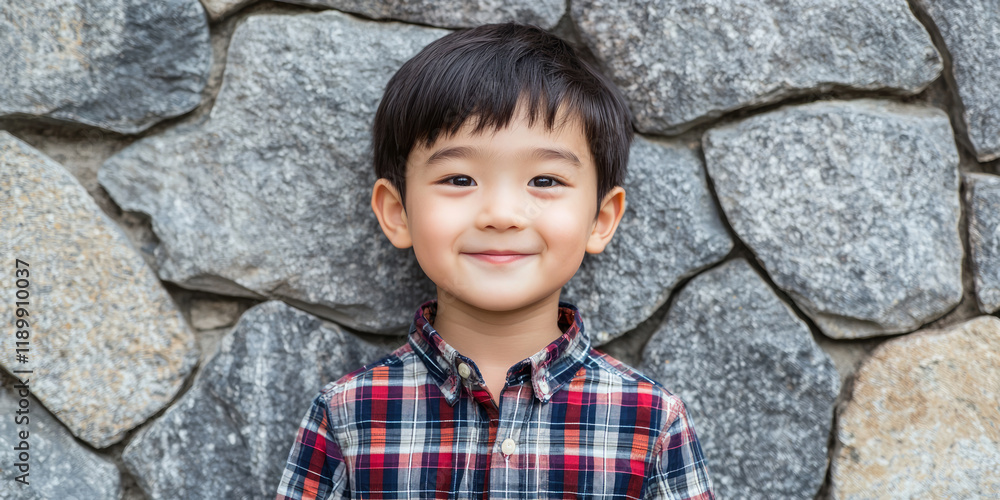 A cute little boy with short hair, wearing a colorful plaid shirt and smiling at the camera, generative AI