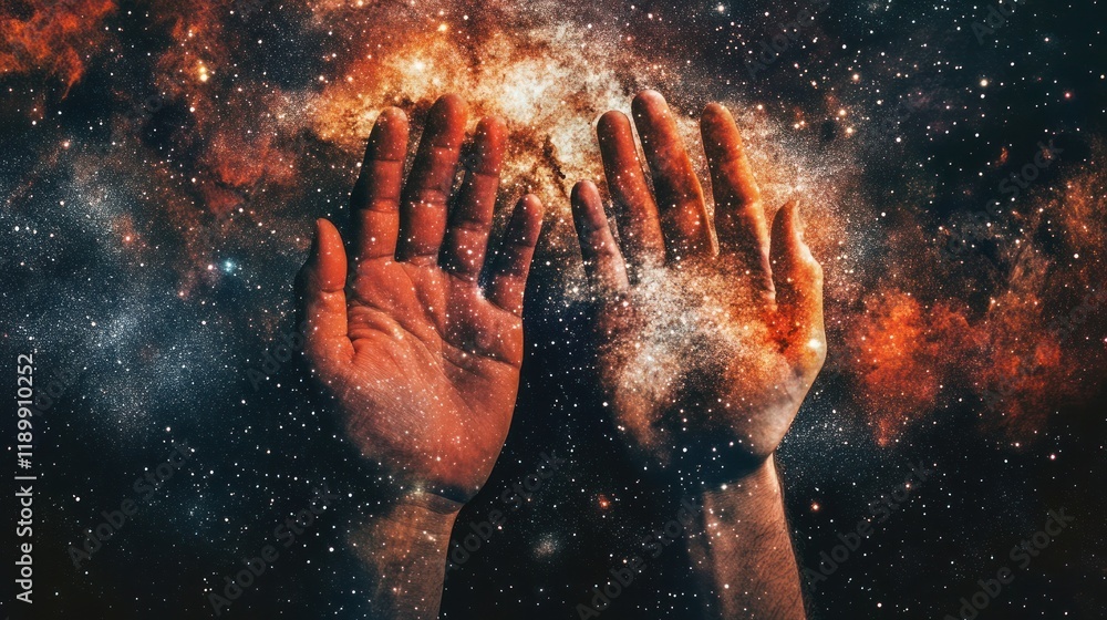 Hands reaching for cosmos, nebula, stars. Hands reaching for cosmos, nebula, stars.