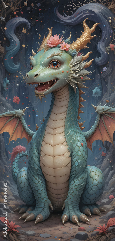 Obraz premium A Charming Baby Dragon in a Mystical Forest