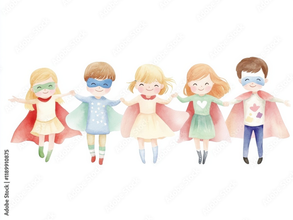 Five children dressed as superheroes, wearing capes and masks, joyfully posing together in a colorful, whimsical style. watercolor style, clipart, isolated on white background Five children dressed as superheroes, wearing capes and masks, joyfully posing together in a colorful, whimsical style. watercolor style, clipart, isolated on white background