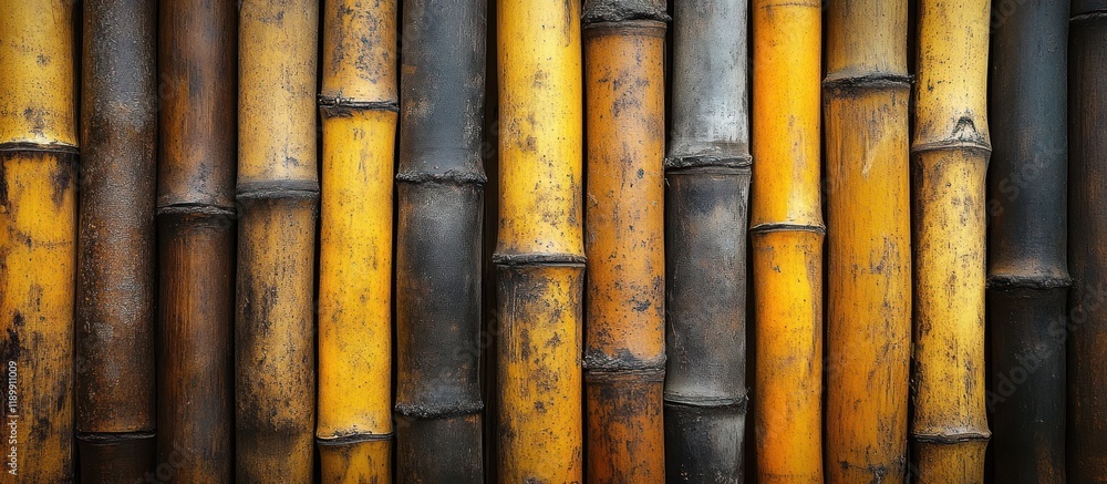 Close-up of weathered bamboo poles, showing variations in color and texture. Close-up of weathered bamboo poles, showing variations in color and texture.