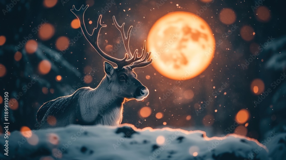 Fototapeta premium Reindeer in snowy landscape with large orange moon.