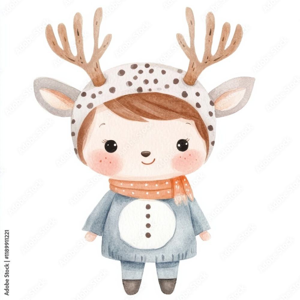 A cute child wearing a reindeer hat and scarf, featuring a playful expression and cozy outfit, perfect for holiday-themed designs. watercolor style, clipart, isolated on white background A cute child wearing a reindeer hat and scarf, featuring a playful expression and cozy outfit, perfect for holiday-themed designs. watercolor style, clipart, isolated on white background