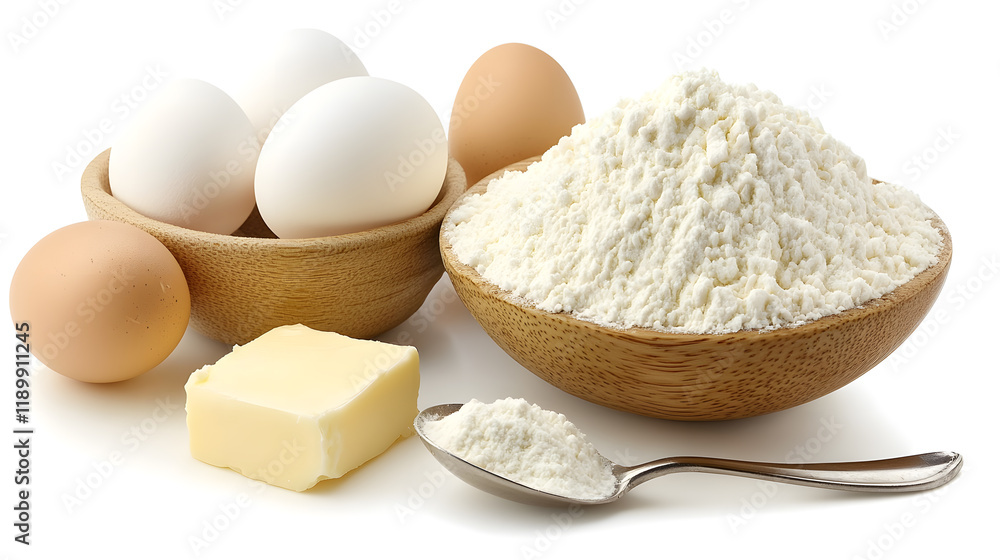 Close-up of baking ingredients: flour in a wooden bowl, eggs in a bowl, butter, and a spoon of flour. Perfect for recipes or food blogs. Close-up of baking ingredients: flour in a wooden bowl, eggs in a bowl, butter, and a spoon of flour. Perfect for recipes or food blogs.