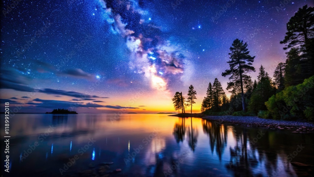 Nighttime Silhouette of Great Lakes: Starry Sky Reflection, Calm Waters, Natural Beauty, Scenic Landscape, Tranquil Atmosphere, Outdoor Reflection, Starry Night, Natural Wonders Nighttime Silhouette of Great Lakes: Starry Sky Reflection, Calm Waters, Natural Beauty, Scenic Landscape, Tranquil Atmosphere, Outdoor Reflection, Starry Night, Natural Wonders