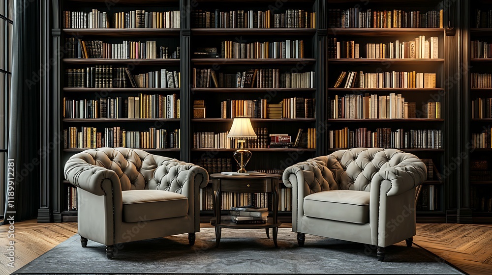 Luxurious library interior with bookshelves chairs and armchairs. Luxurious library interior with bookshelves chairs and armchairs.