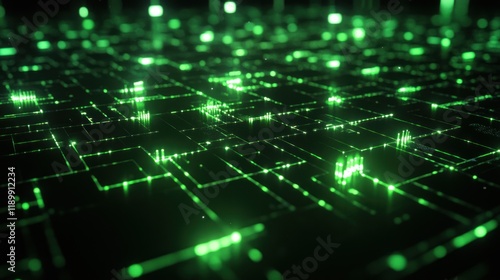 Abstract Digital Network Glowing Green Lines and Nodes Futuristic Technology Background