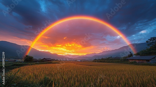 Vibrant sunset rainbow over golden rice paddy field and mountains.
