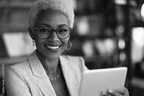 Portrait of a Confident Businesswoman Using Touchpad in Modern Office for Professional Success and Leadership






 photo