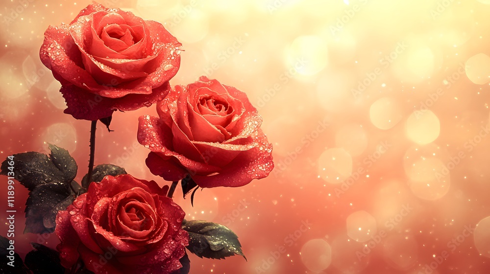 Three Dew Kissed Red Roses Blossom Beautifully Three Dew Kissed Red Roses Blossom Beautifully