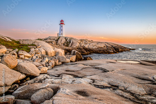 Sunset colours at Peggy’s Cove lighthouse in Nova Scotia, Canada