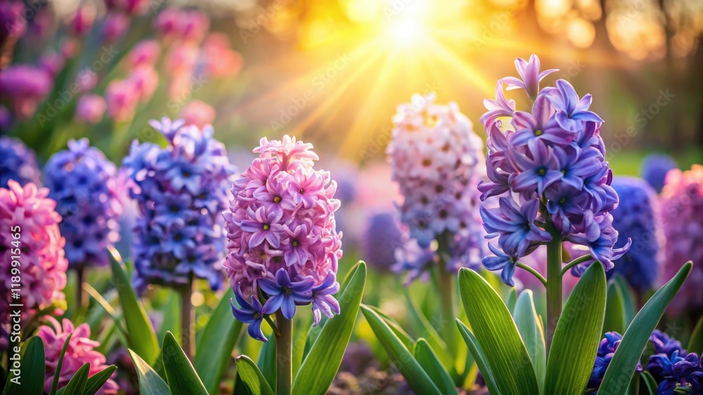 Fototapeta premium Serene Hyacinth Blossoms in a Tranquil Morning Garden Light, Gentle Swaying Petals, Nature's Beauty, Floral Harmony, Peaceful Scene, Spring Awakening, Lush Greenery, Vibrant Colors