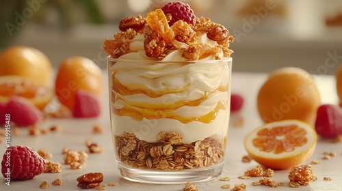 Creamy dessert parfait with granola, raspberries, and honey.