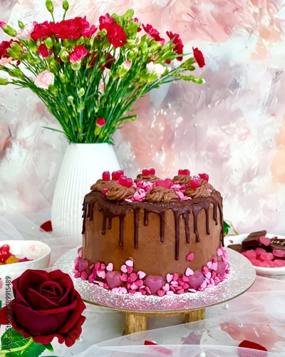 Valentinstag Torte Schokoladen Torte mit roten und rosa Herzen vegane Schoko Torte romantisch Jahrestag Liebe photo