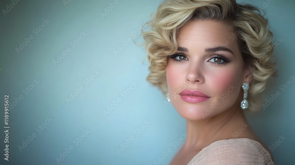Fototapeta premium Close-up portrait of a glamorous woman with short curly blonde hair, subtle makeup, and pearl earrings.