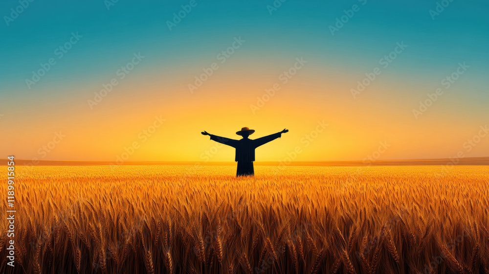 Farm, A scarecrow stands majestically in a field of golden wheat, captured in high fidelity, perfect for agricultural and nature-themed projects. Farm, A scarecrow stands majestically in a field of golden wheat, captured in high fidelity, perfect for agricultural and nature-themed projects.