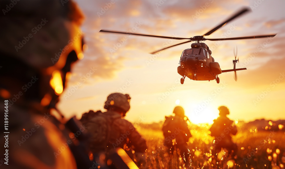 Fototapeta premium Military Helicopter Landing: A silhouette of a military helicopter descends towards a group of soldiers against a fiery sunset backdrop. The image evokes a sense of anticipation and tension.
