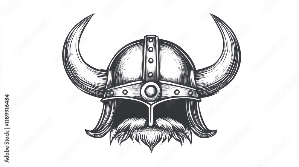 Fototapeta premium Detailed Viking Helmet Illustration with Horns and Beard Design