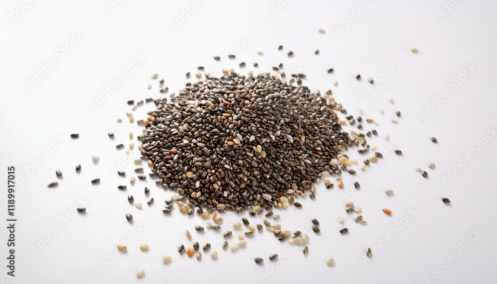 A close-up shot of chia seeds, showcasing their texture and color variations. A close-up shot of chia seeds, showcasing their texture and color variations.