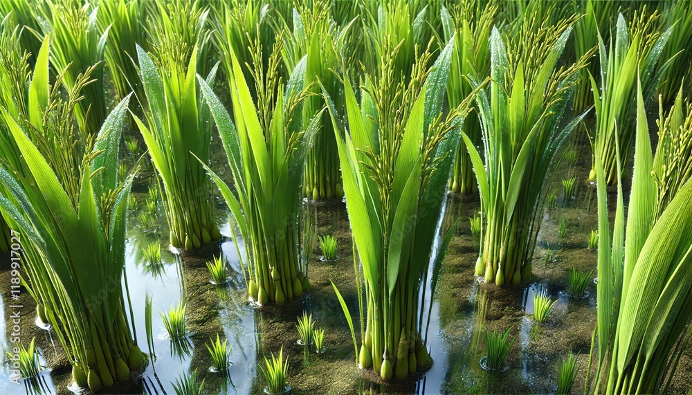 Obraz premium Lush green rice plants in wet field