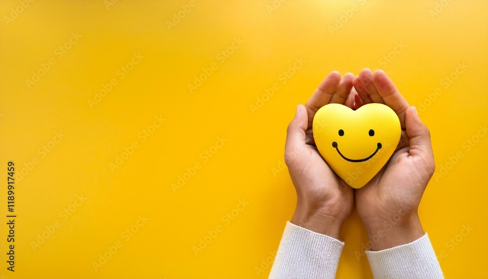 Gently held, a cheerful yellow heart radiates positivity. Gently held, a cheerful yellow heart radiates positivity.