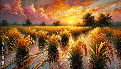 Impressionistic rice field during sunset