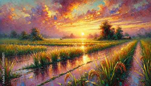 Impressionistic rice field during sunset