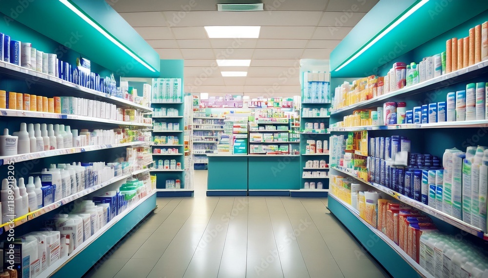 Well-stocked pharmacy aisles with various health and beauty products.