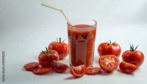 Glass of fresh tomato juice with ripe tomatoes.