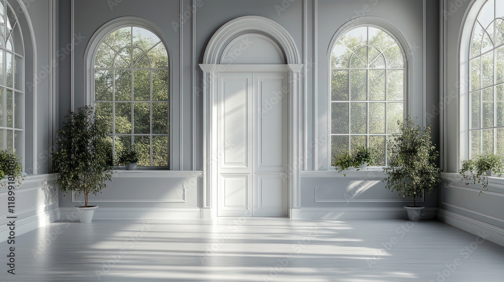 Elegant minimalistic gray interior with arched windows white molding and wooden floor Elegant minimalistic gray interior with arched windows white molding and wooden floor