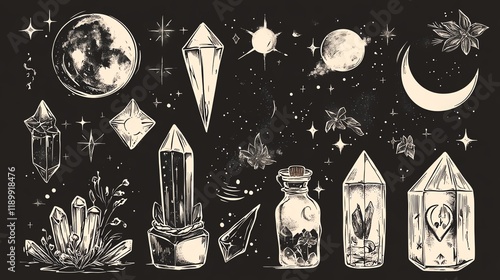 A sketchy vector set of witch symbols like crystals, potions, and moon phases, perfect for creating a mystical and magical aesthetic in textiles, cards, or tattoos