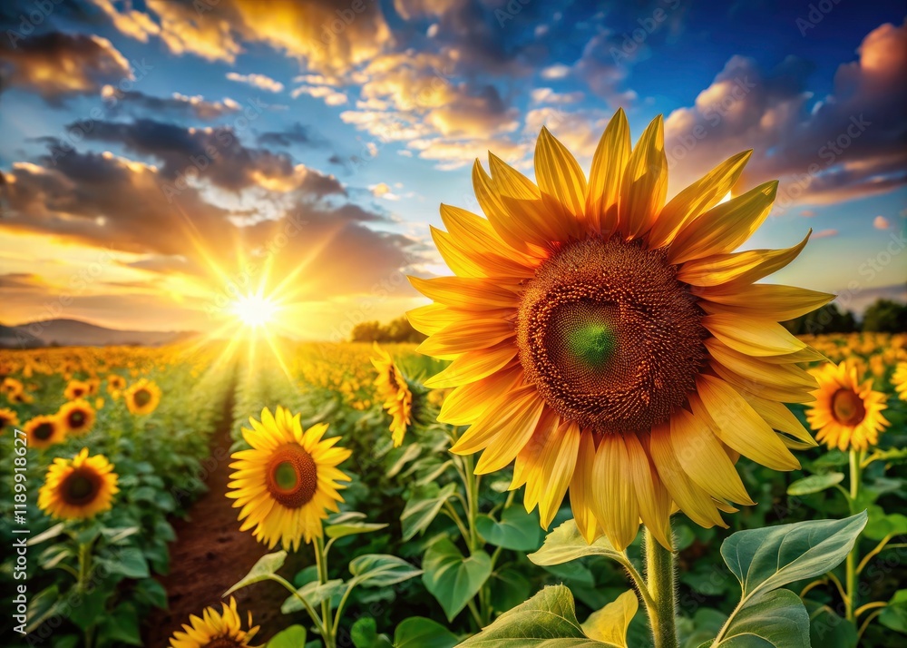 Obraz premium Stunning Sunflower Panorama: Golden Field, Summer Landscape, Bright Sunflowers, Vibrant Flowers, Nature Photography