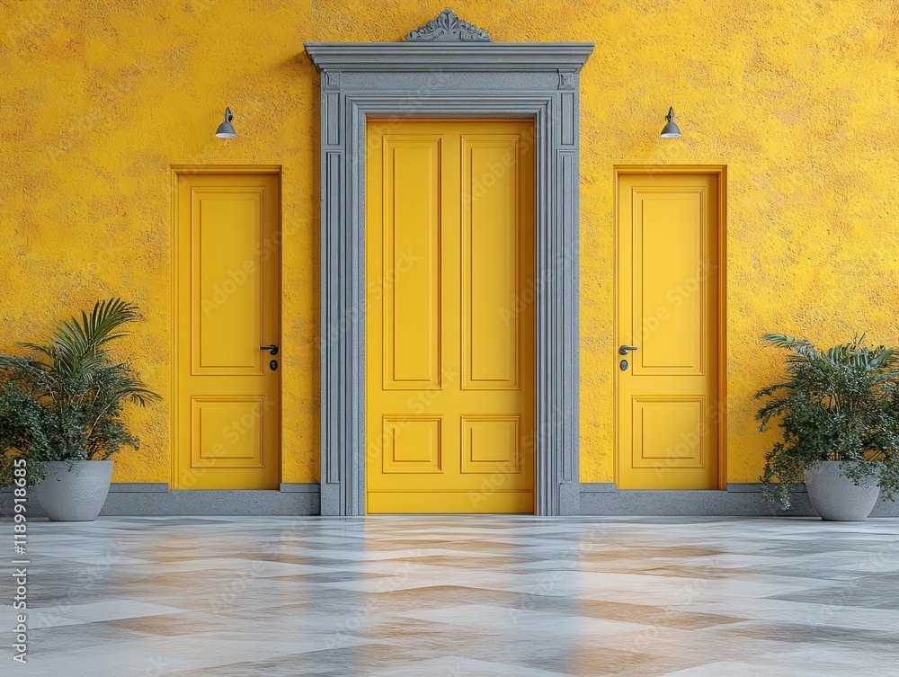 Fototapeta premium Three Open Doors on Bright Yellow Wall Interior Illustration