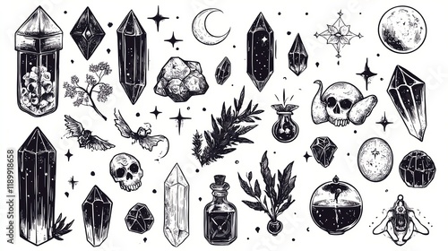 A sketchy vector set of witch symbols like crystals, potions, and moon phases, perfect for creating a mystical and magical aesthetic in textiles, cards, or tattoos