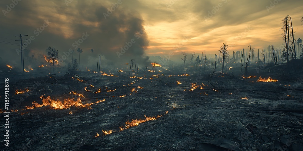 Los Angeles wildfire aftermath, charred landscape with burnt trees and smoldering ashes, a hazy sky with lingering smoke, glowing embers scattered on the ground Los Angeles wildfire aftermath, charred landscape with burnt trees and smoldering ashes, a hazy sky with lingering smoke, glowing embers scattered on the ground