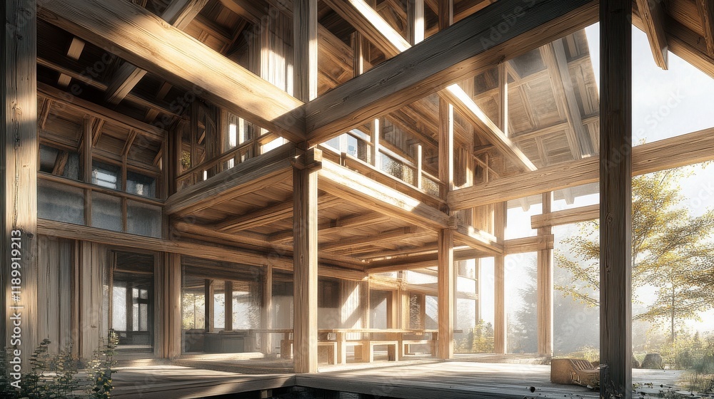 Modern wooden structure with large windows in serene natural setting Modern wooden structure with large windows in serene natural setting
