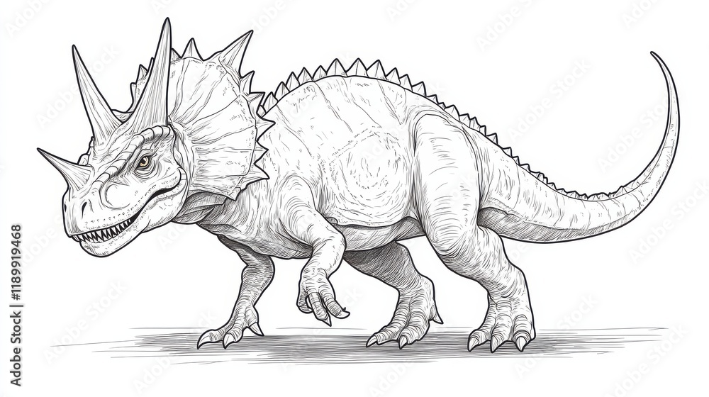 Detailed Illustration of a Triceratops Dinosaur in Black and White Detailed Illustration of a Triceratops Dinosaur in Black and White