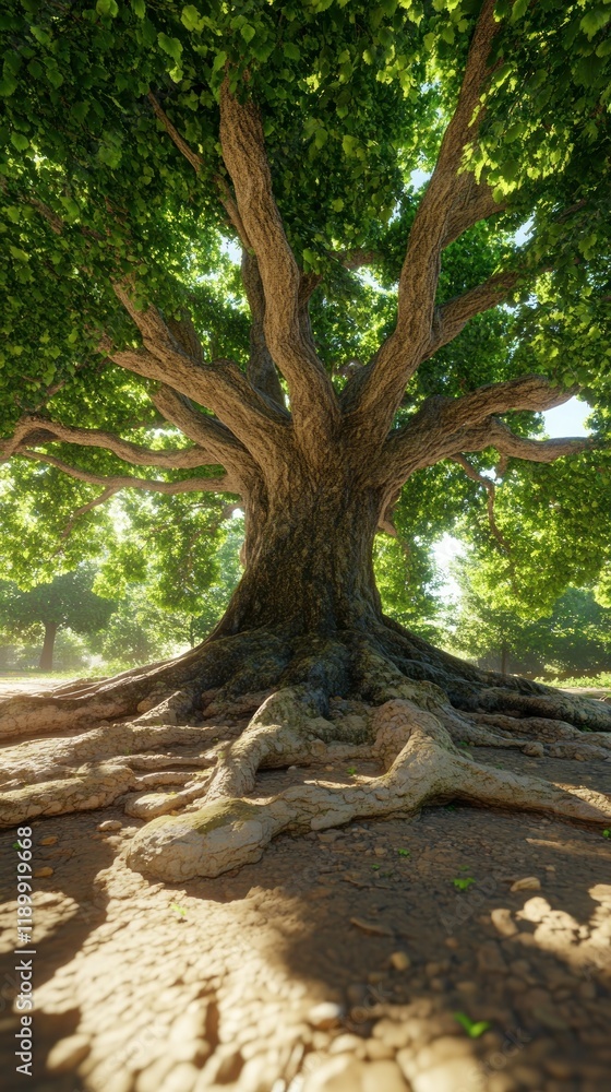 Ancient tree roots, summer sunlight, forest background, nature scene Ancient tree roots, summer sunlight, forest background, nature scene