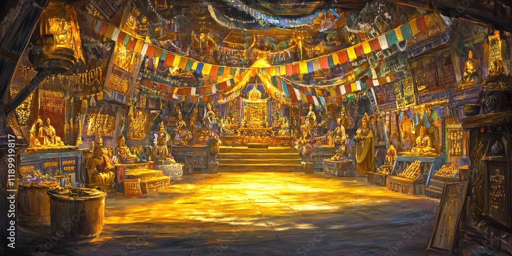 Obraz premium Richly Decorated Temple Interior with Golden Light and Colorful Flags
