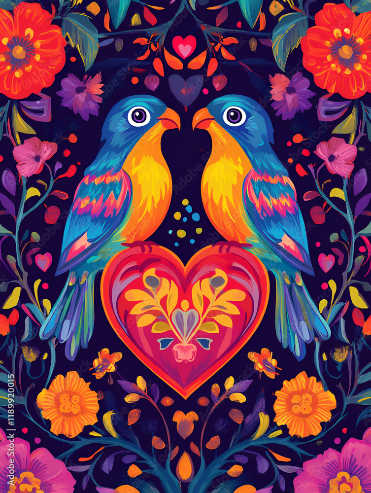 Two colorful birds face each other amidst vibrant flowers and a heart, creating a lively, romantic scene. Two colorful birds face each other amidst vibrant flowers and a heart, creating a lively, romantic scene.