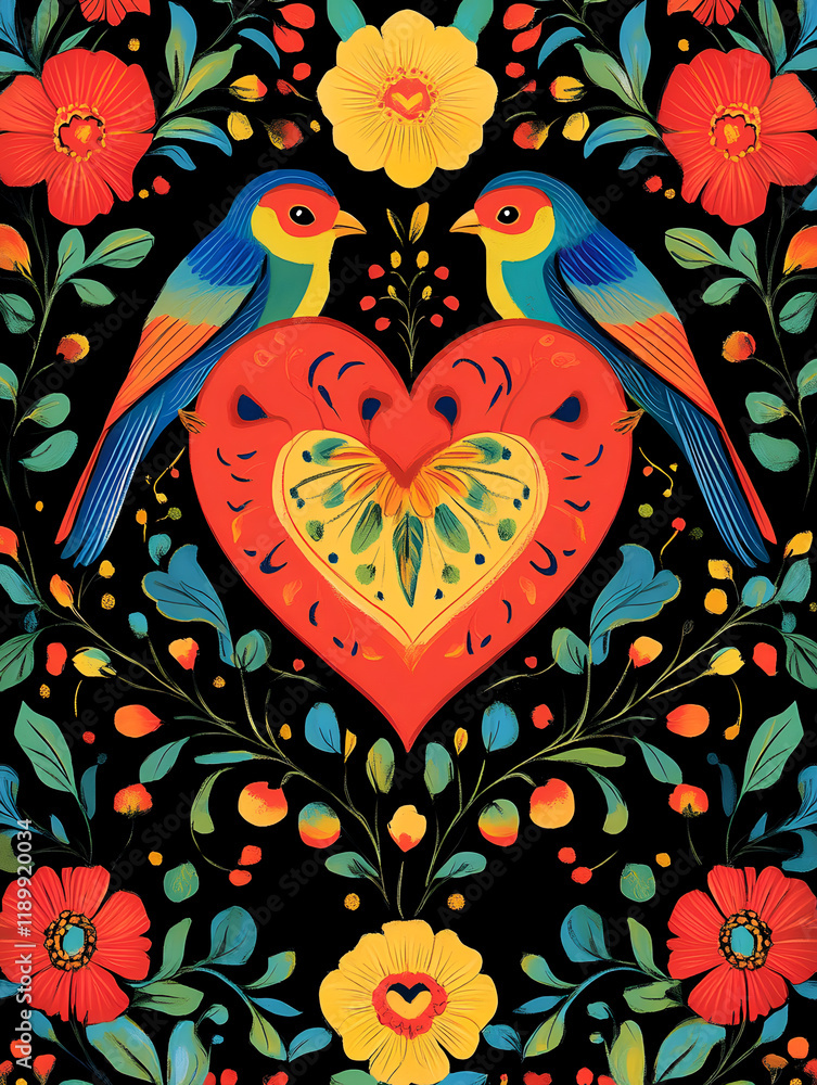 Fototapeta premium Two birds face each other in the center of a heart-shaped design surrounded by flowers.