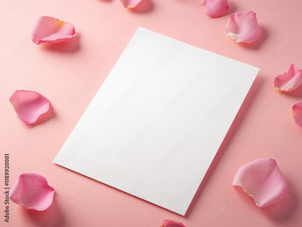 A blank white sheet surrounded by pink rose petals on a soft pink background, ideal for invitations or romantic messages. mockup in valentine day. A blank white sheet surrounded by pink rose petals on a soft pink background, ideal for invitations or romantic messages. mockup in valentine day.