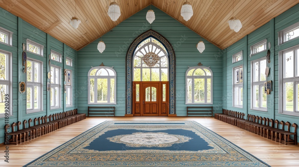 Obraz premium Serene Wooden Prayer Hall Featuring Ornate Rug and Expansive Windows for Tranquility