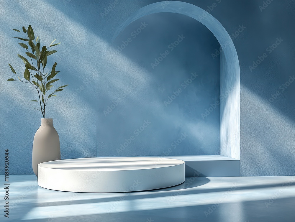 Minimalist Product Display with White Platforms on Blue Fluid Base for Modern Presentation Minimalist Product Display with White Platforms on Blue Fluid Base for Modern Presentation