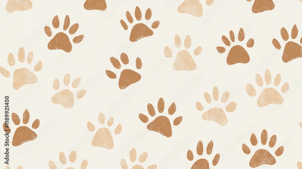A soft, seamless textile pattern with light brown paw prints on a neutral beige background, ideal for creating petthemed decor or natureinspired clothing